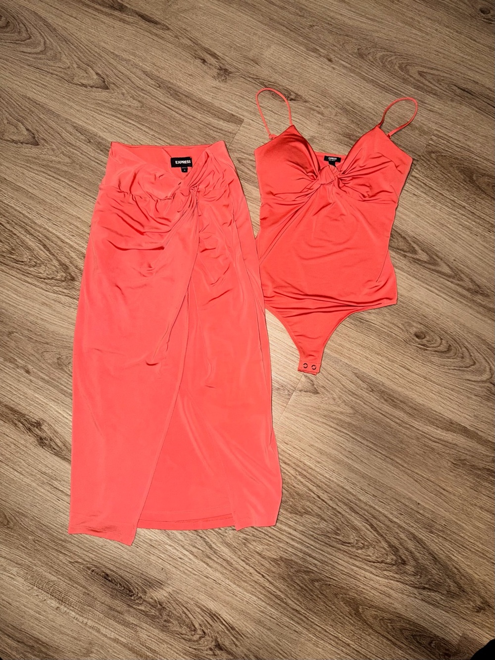Express Body Contour Coral Bodysuit and Skirt Set